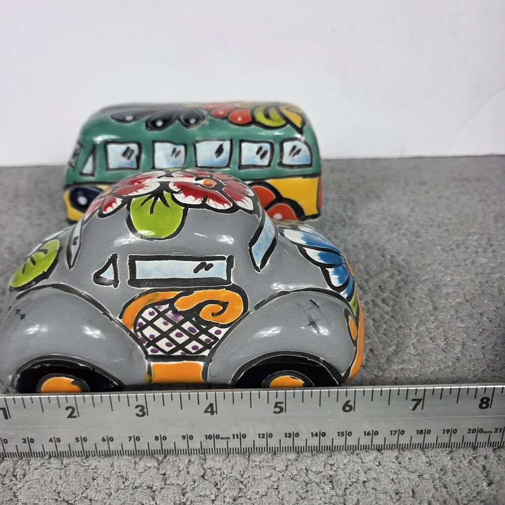 Talavera Pottery Hand Painted VW Beetle And Bus Figurines Mexican Art